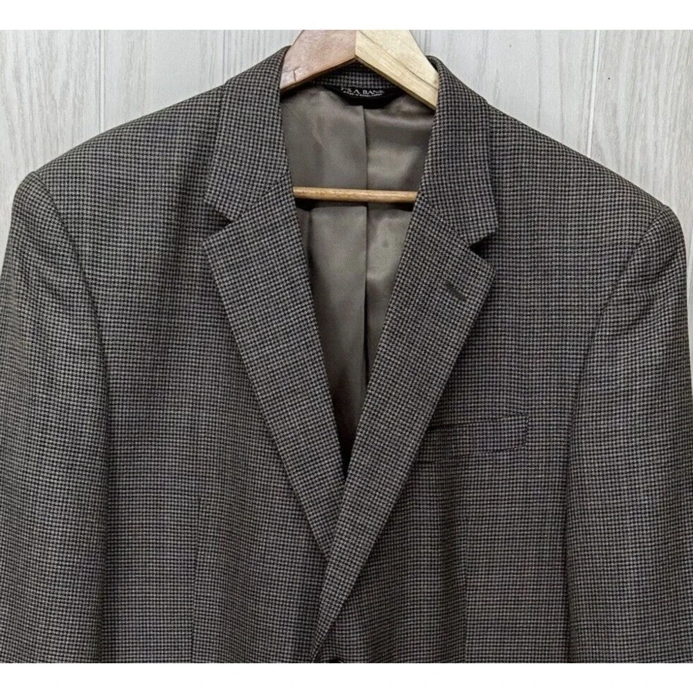 Jos A Bank Suit Sport‎ Jacket Mens 46R Black Tan Gray Houndstooth 100% Wool